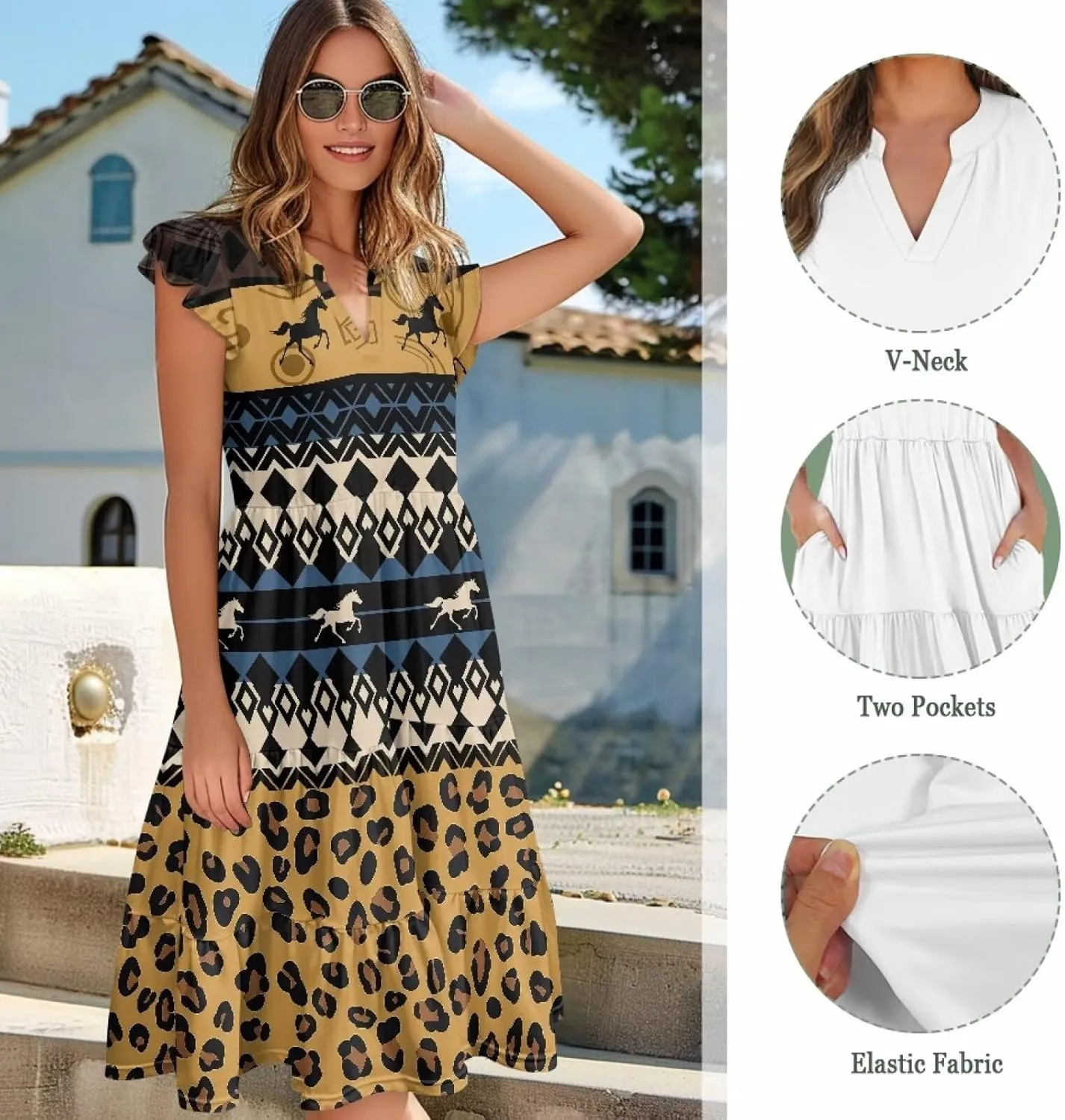 Summer Dresses for Women 2025 V-Neck Ruffle Sleeve A Line Tiered Flowy Fashion Trendy Mini Beach Dress with Pocket