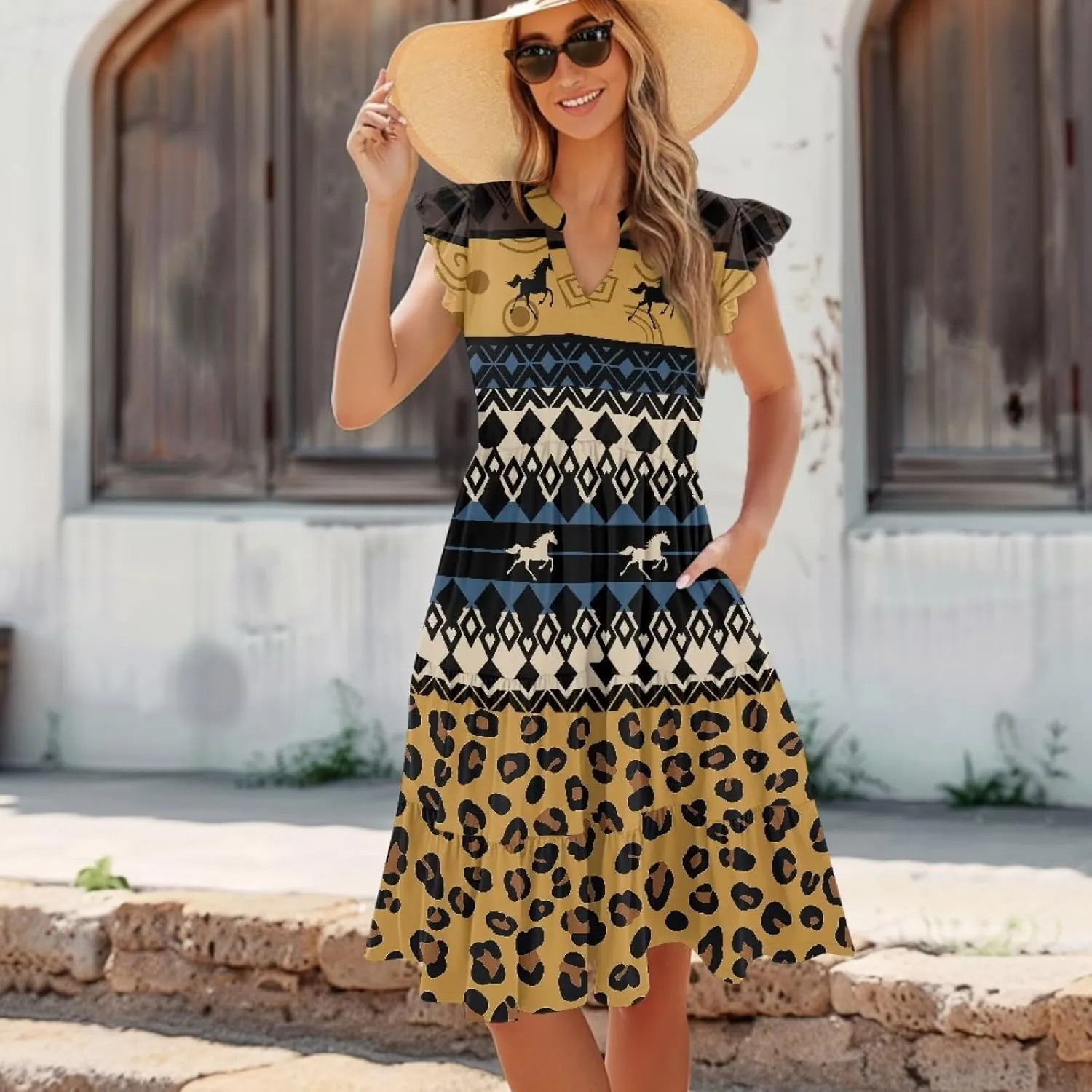 Summer Dresses for Women 2025 V-Neck Ruffle Sleeve A Line Tiered Flowy Fashion Trendy Mini Beach Dress with Pocket