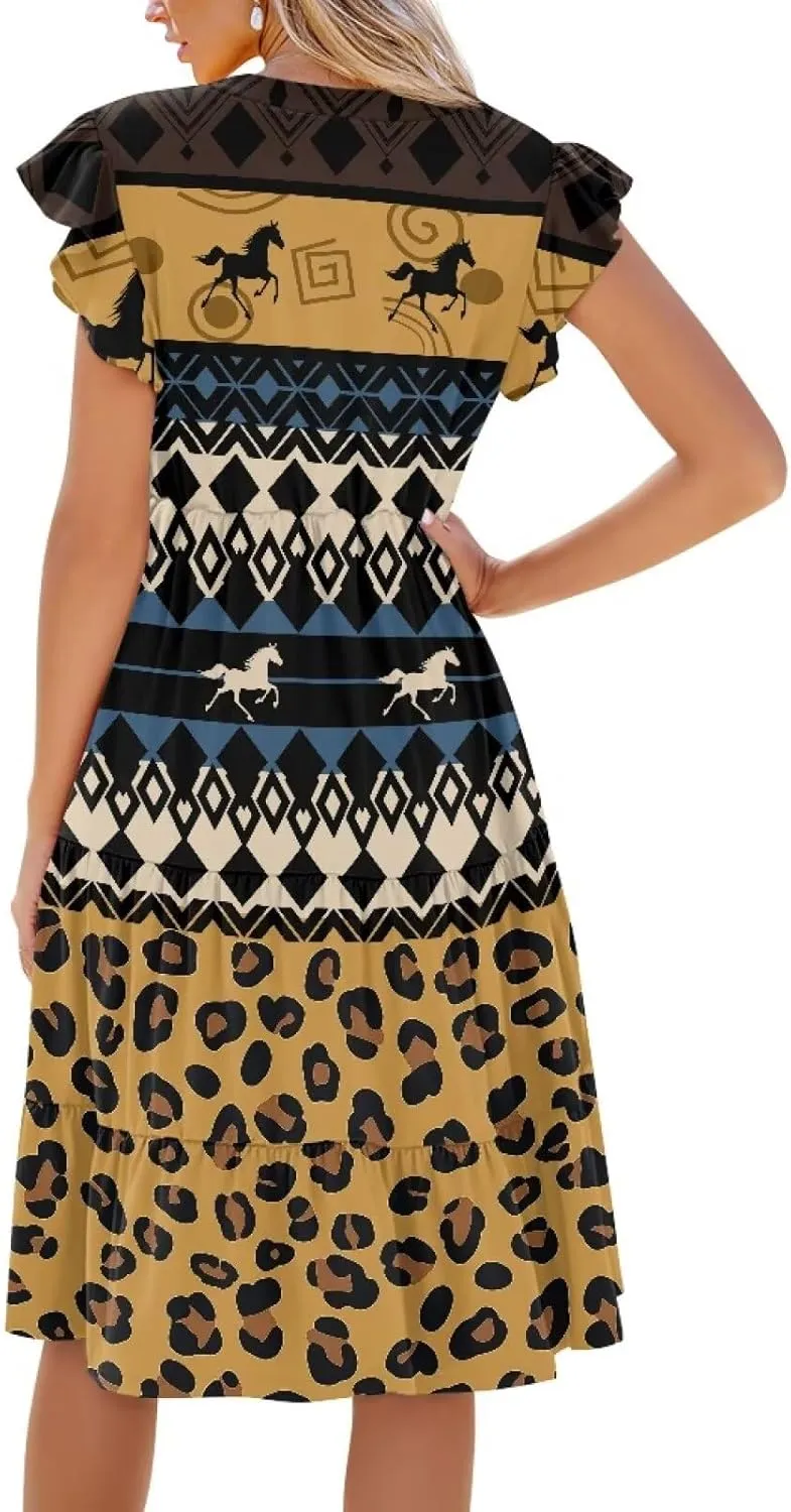 Summer Dresses for Women 2025 V-Neck Ruffle Sleeve A Line Tiered Flowy Fashion Trendy Mini Beach Dress with Pocket