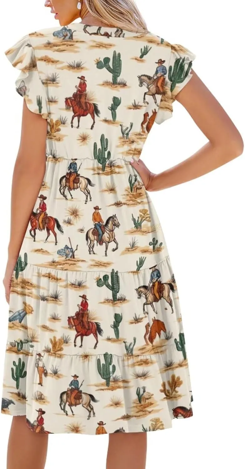 Summer Dresses for Women Casual Midi Tiered Sun Dress V Neck Ruffle Sleeve Vacation Dress with Pocket S-2XL