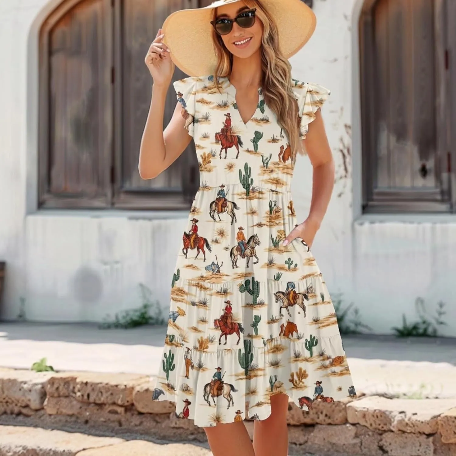 Summer Dresses for Women Casual Midi Tiered Sun Dress V Neck Ruffle Sleeve Vacation Dress with Pocket S-2XL