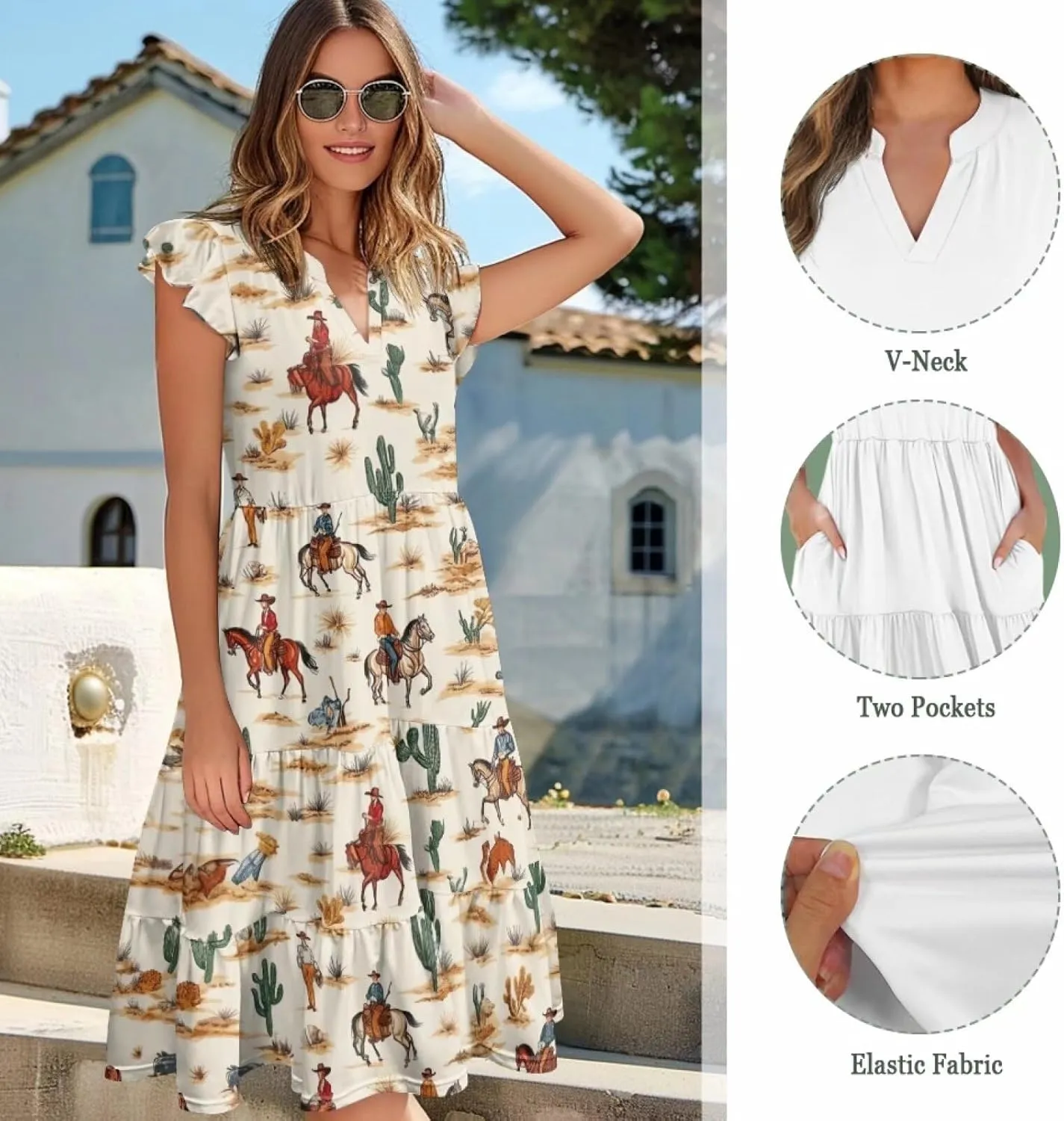 Summer Dresses for Women Casual Midi Tiered Sun Dress V Neck Ruffle Sleeve Vacation Dress with Pocket S-2XL