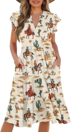 Summer Dresses for Women Casual Midi Tiered Sun Dress V Neck Ruffle Sleeve Vacation Dress with Pocket S-2XL