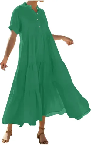 Summer Dresses for Women Trendy 2025 Solid Color V-Neck Casual Dress Pleated Swing Loose Vacation Sundresses