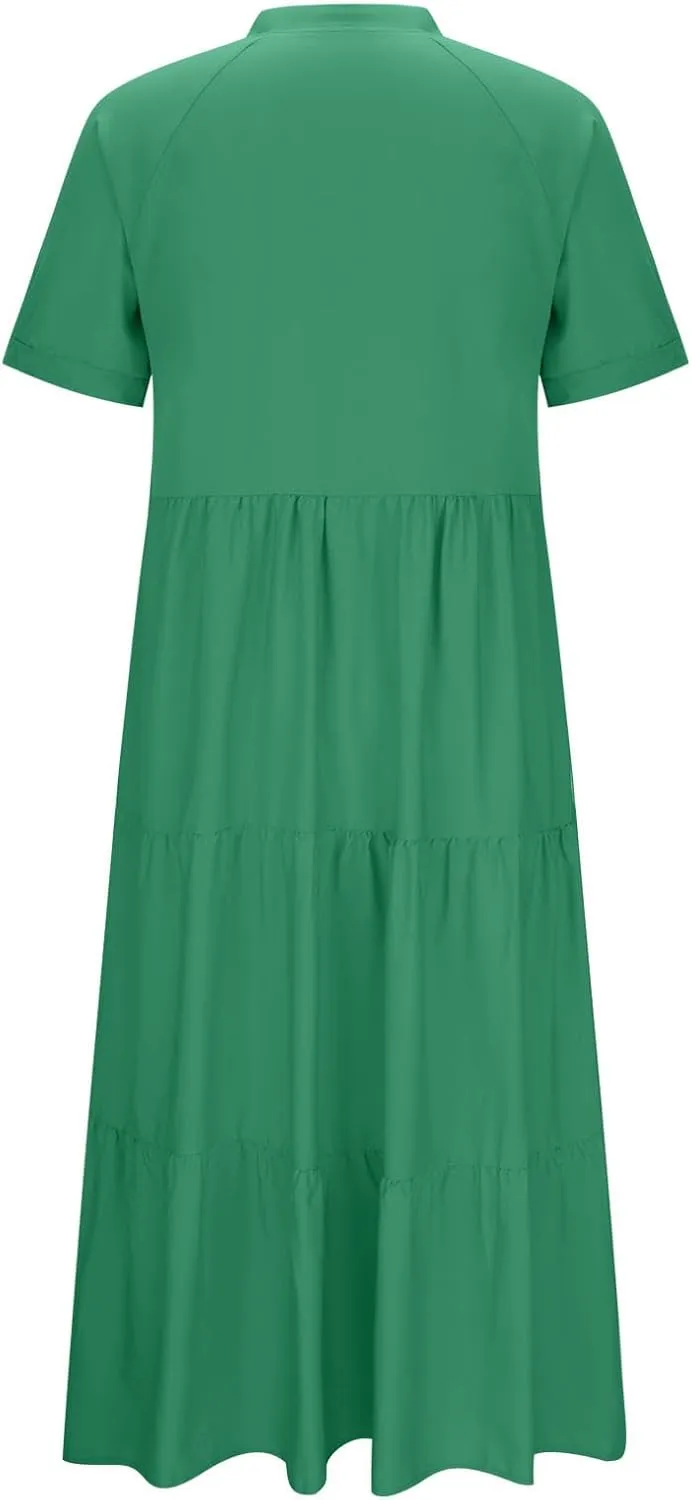Summer Dresses for Women Trendy 2025 Solid Color V-Neck Casual Dress Pleated Swing Loose Vacation Sundresses