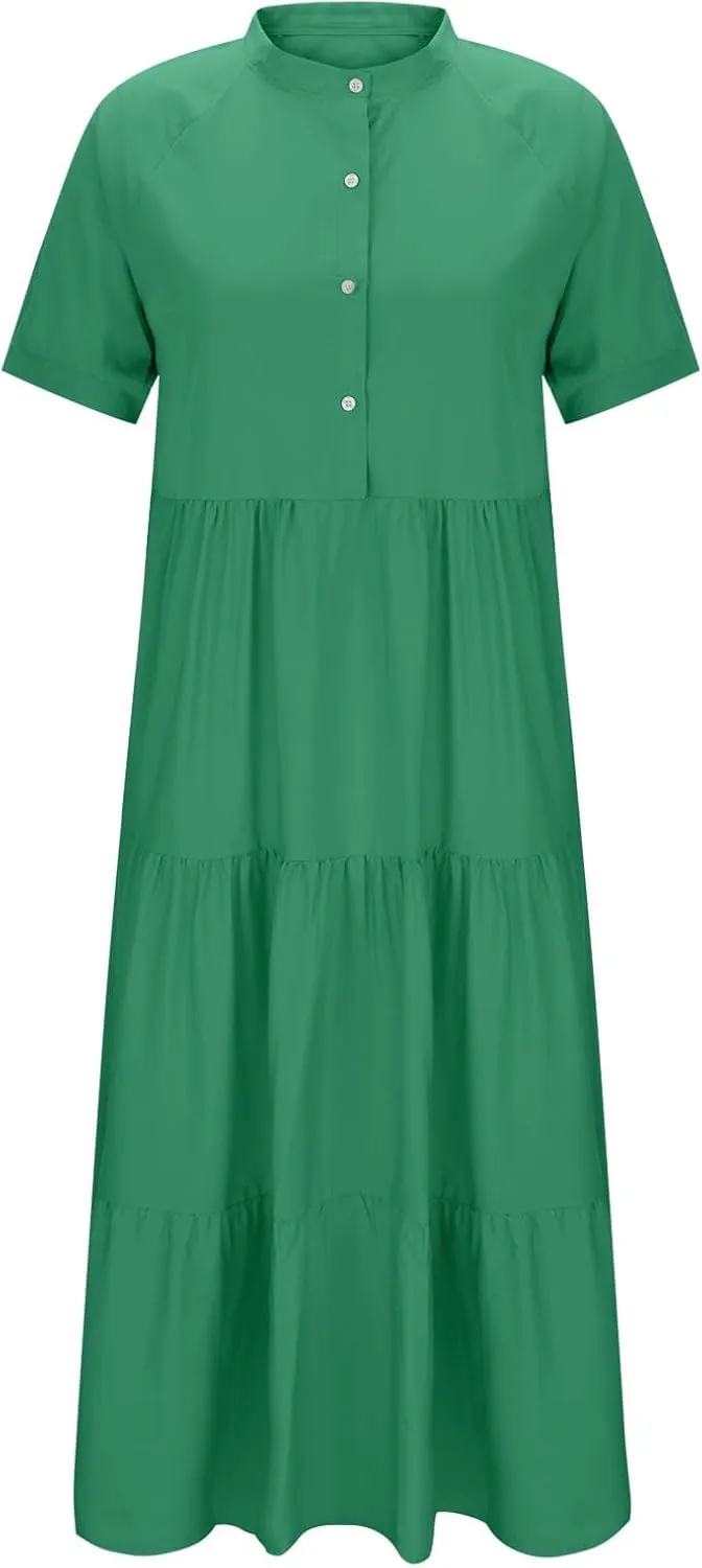 Summer Dresses for Women Trendy 2025 Solid Color V-Neck Casual Dress Pleated Swing Loose Vacation Sundresses