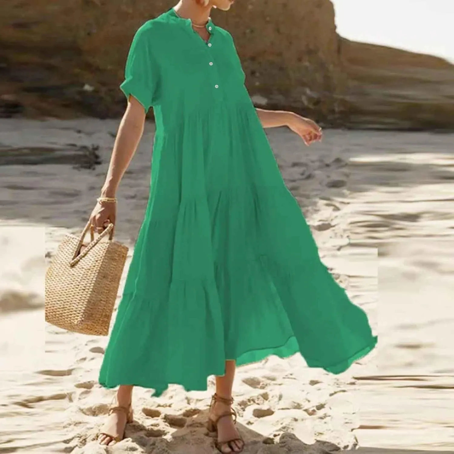 Summer Dresses for Women Trendy 2025 Solid Color V-Neck Casual Dress Pleated Swing Loose Vacation Sundresses