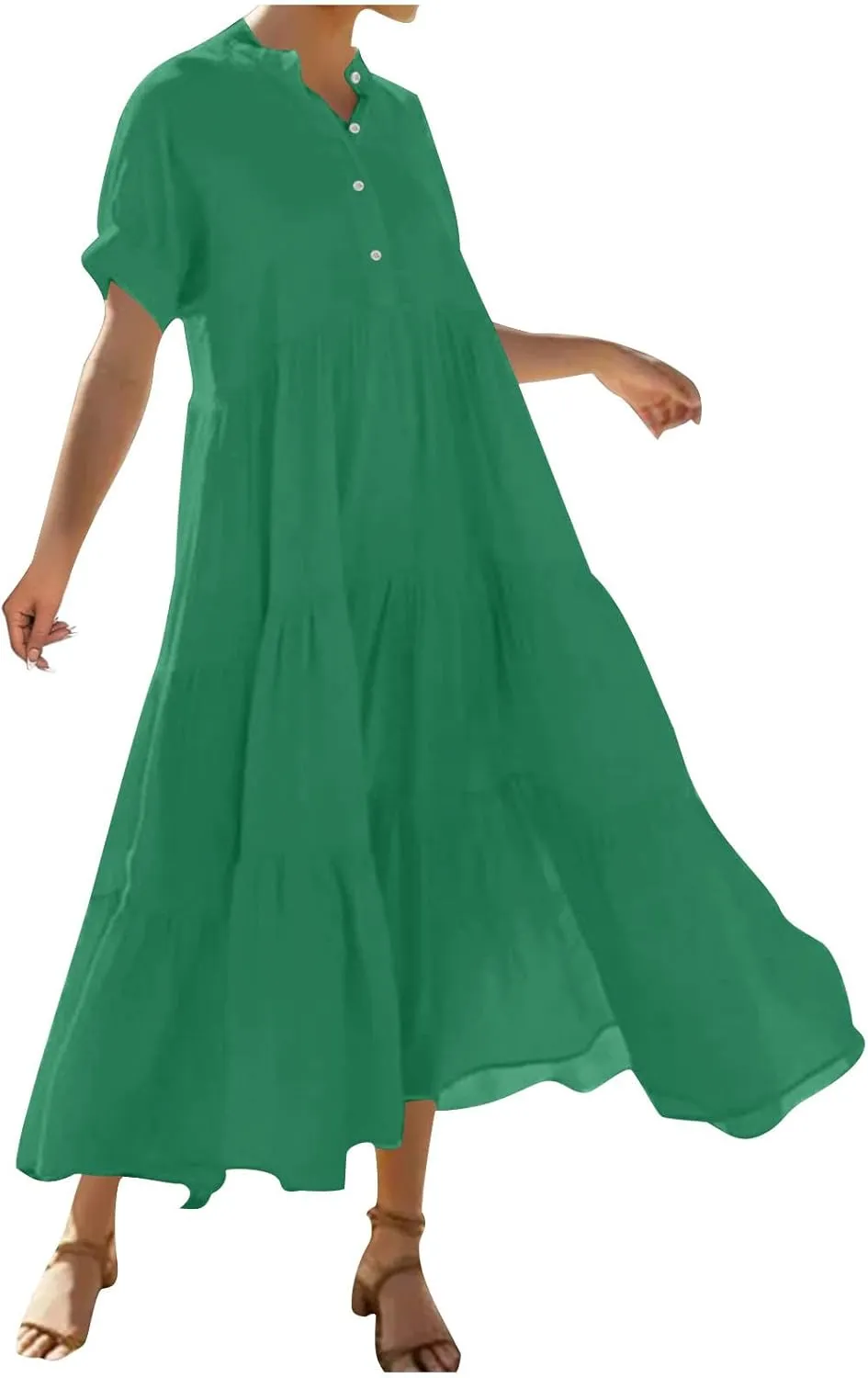 Summer Dresses for Women Trendy 2025 Solid Color V-Neck Casual Dress Pleated Swing Loose Vacation Sundresses