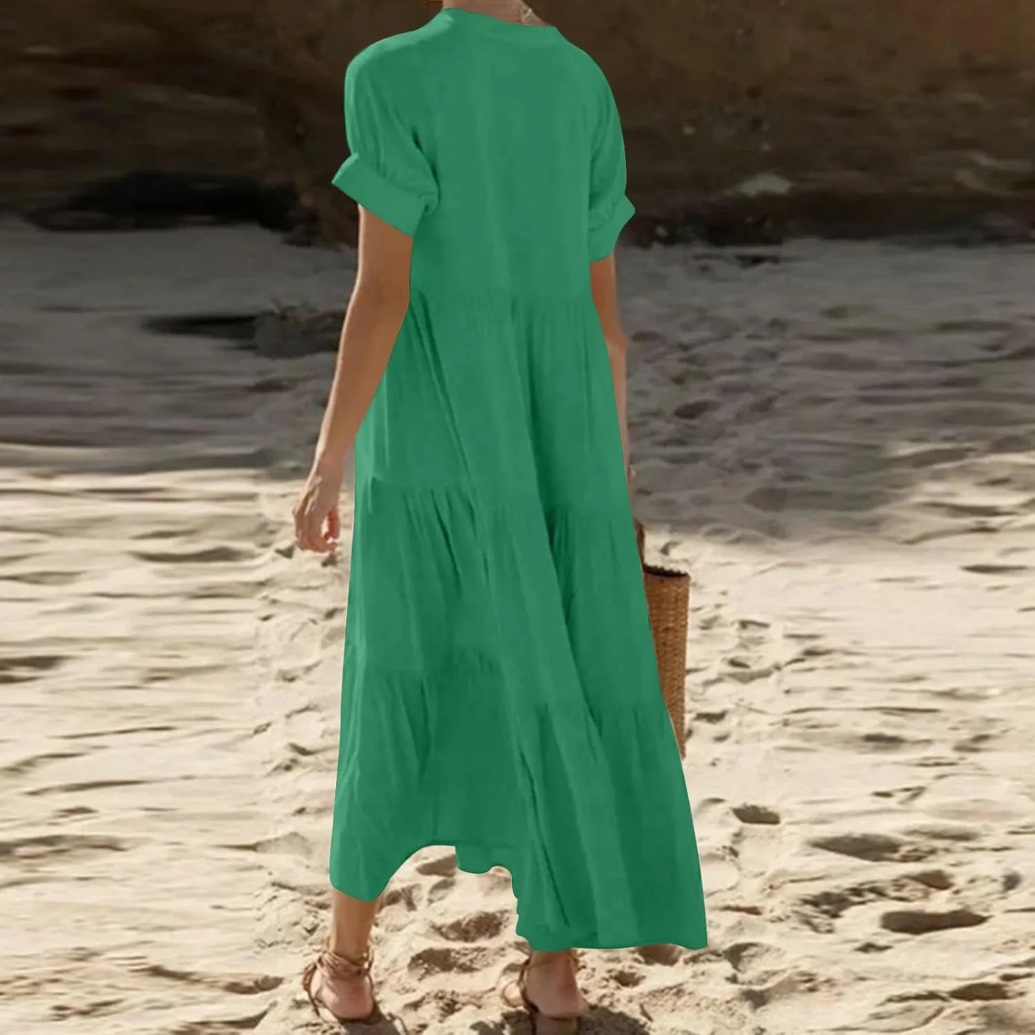 Summer Dresses for Women Trendy 2025 Solid Color V-Neck Casual Dress Pleated Swing Loose Vacation Sundresses