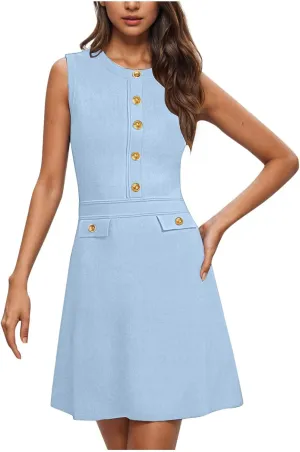 Summer Knit Mini Dress Women Button Casual Sleeveless Elegant Formal Work Dress Casual Slim Fit Bodycon Dresses