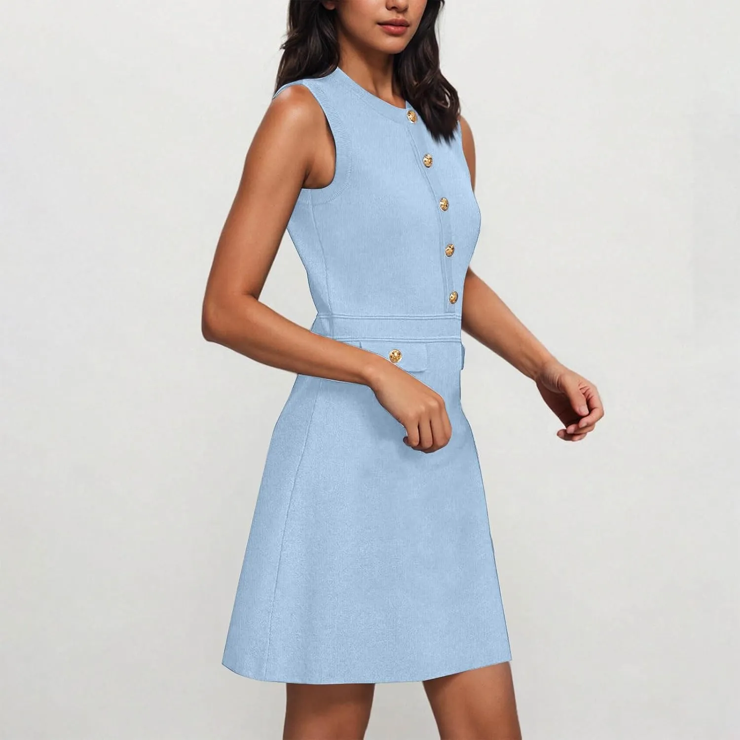 Summer Knit Mini Dress Women Button Casual Sleeveless Elegant Formal Work Dress Casual Slim Fit Bodycon Dresses