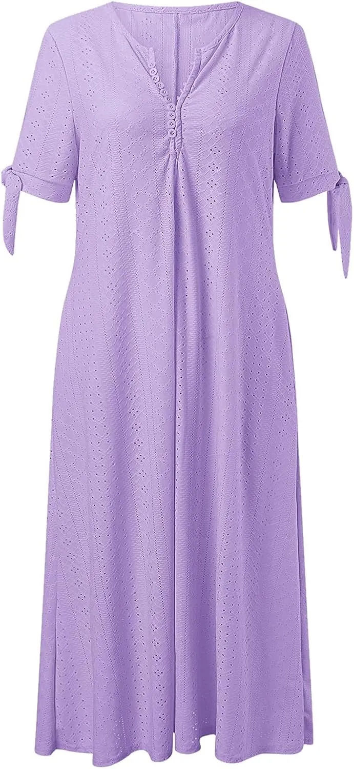 Summer Maxi Dresses for Women 2025 Trendy Short Sleeve Eyelet Flowy Tshirt Dress Casual Summer Beach Vacation Long Sundress