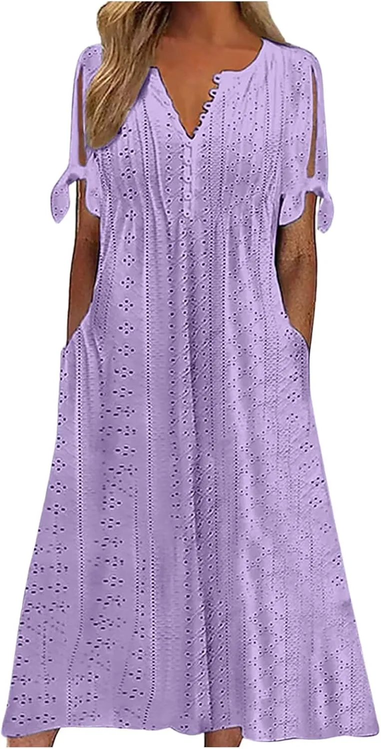 Summer Maxi Dresses for Women 2025 Trendy Short Sleeve Eyelet Flowy Tshirt Dress Casual Summer Beach Vacation Long Sundress