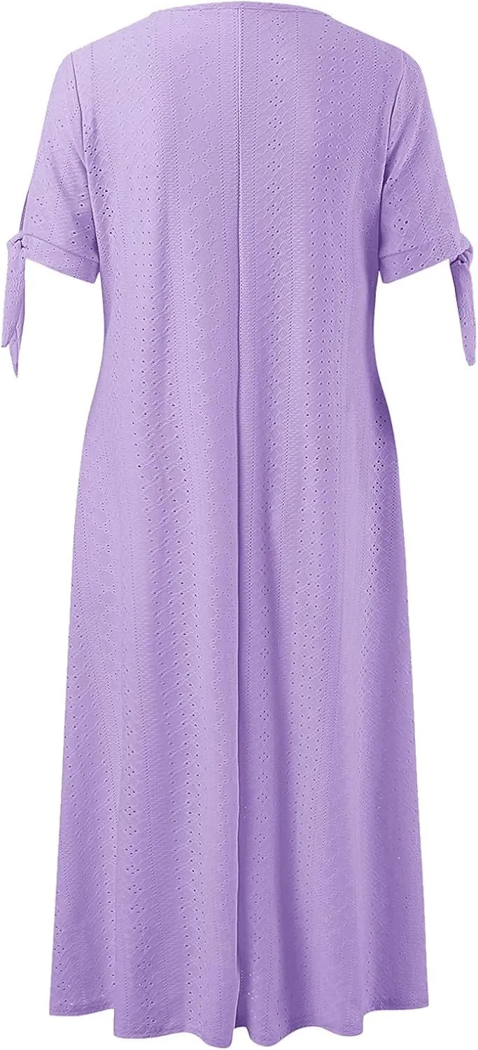 Summer Maxi Dresses for Women 2025 Trendy Short Sleeve Eyelet Flowy Tshirt Dress Casual Summer Beach Vacation Long Sundress