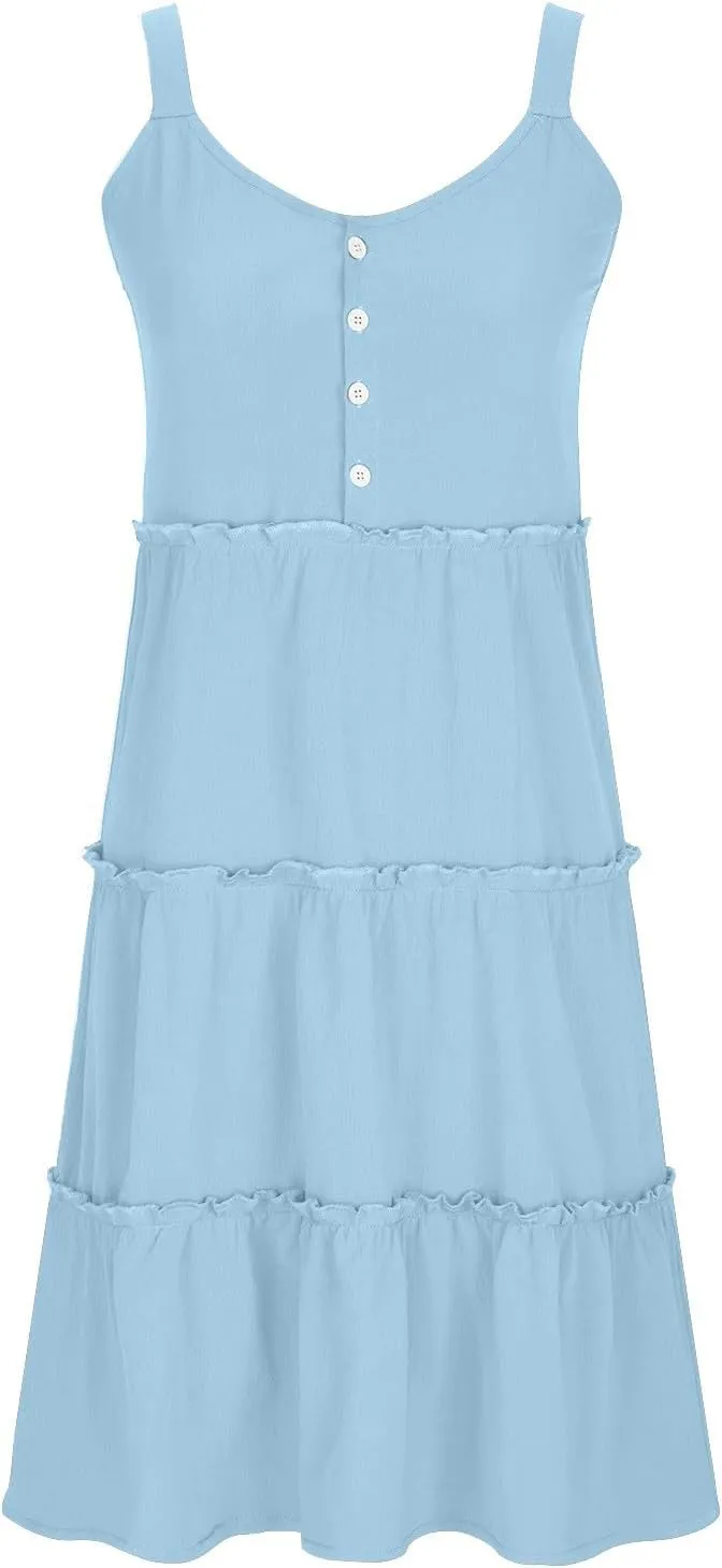 Sundresses for Women 2024 Trendy Summer Tank Dress Sleeveless Crewneck Button Down Ruffle Tiered Casual Swing Mini Dress