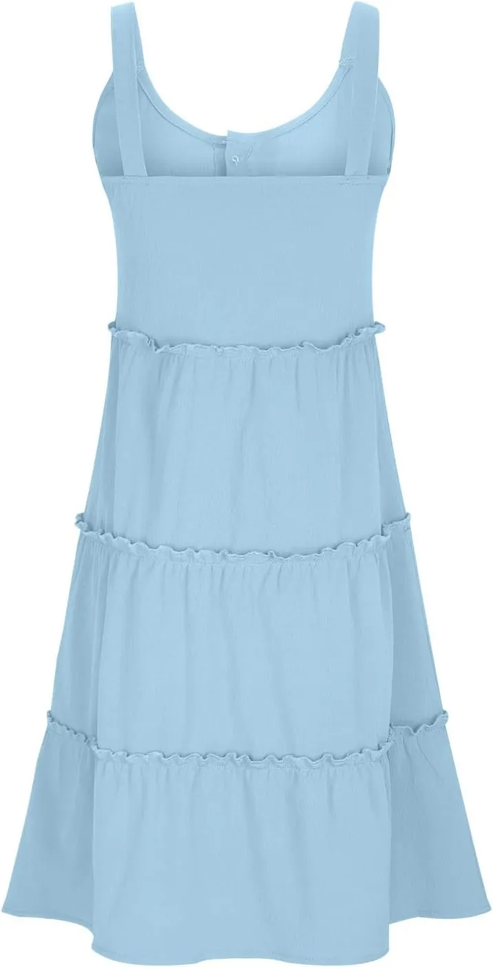 Sundresses for Women 2024 Trendy Summer Tank Dress Sleeveless Crewneck Button Down Ruffle Tiered Casual Swing Mini Dress