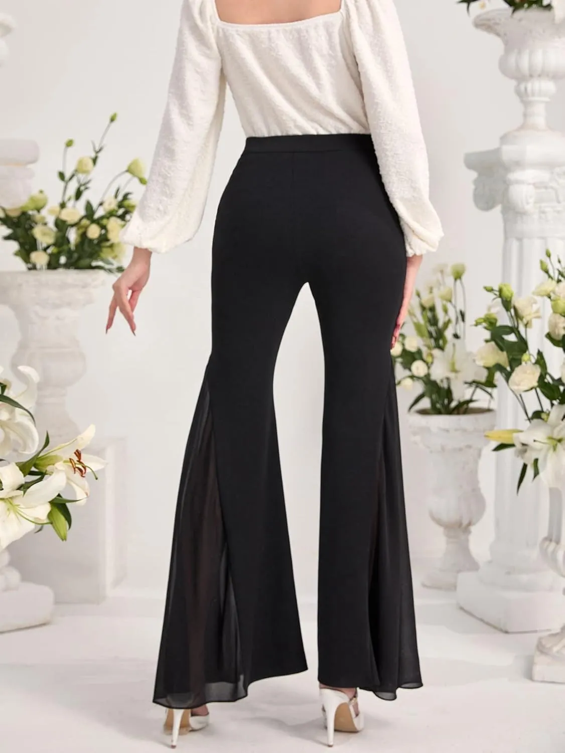 SweatyRocks Women's Casual Flare Leg High Elastic Waist Trousers Wide Leg Mesh Hem Stretchy Long Pants