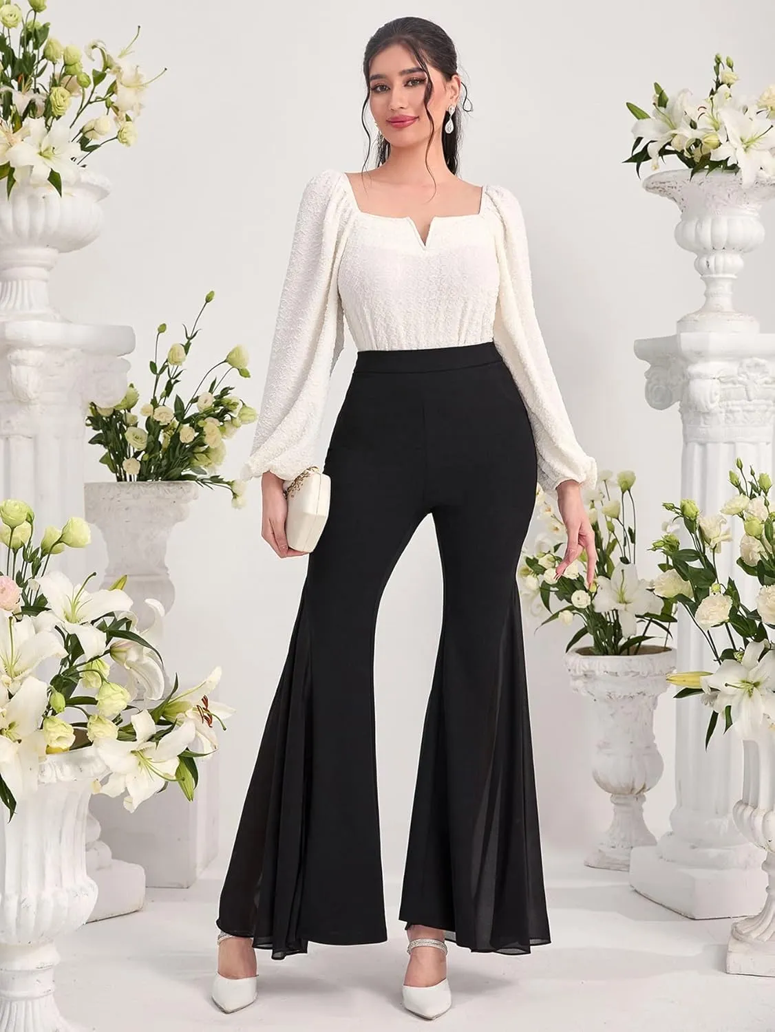 SweatyRocks Women's Casual Flare Leg High Elastic Waist Trousers Wide Leg Mesh Hem Stretchy Long Pants