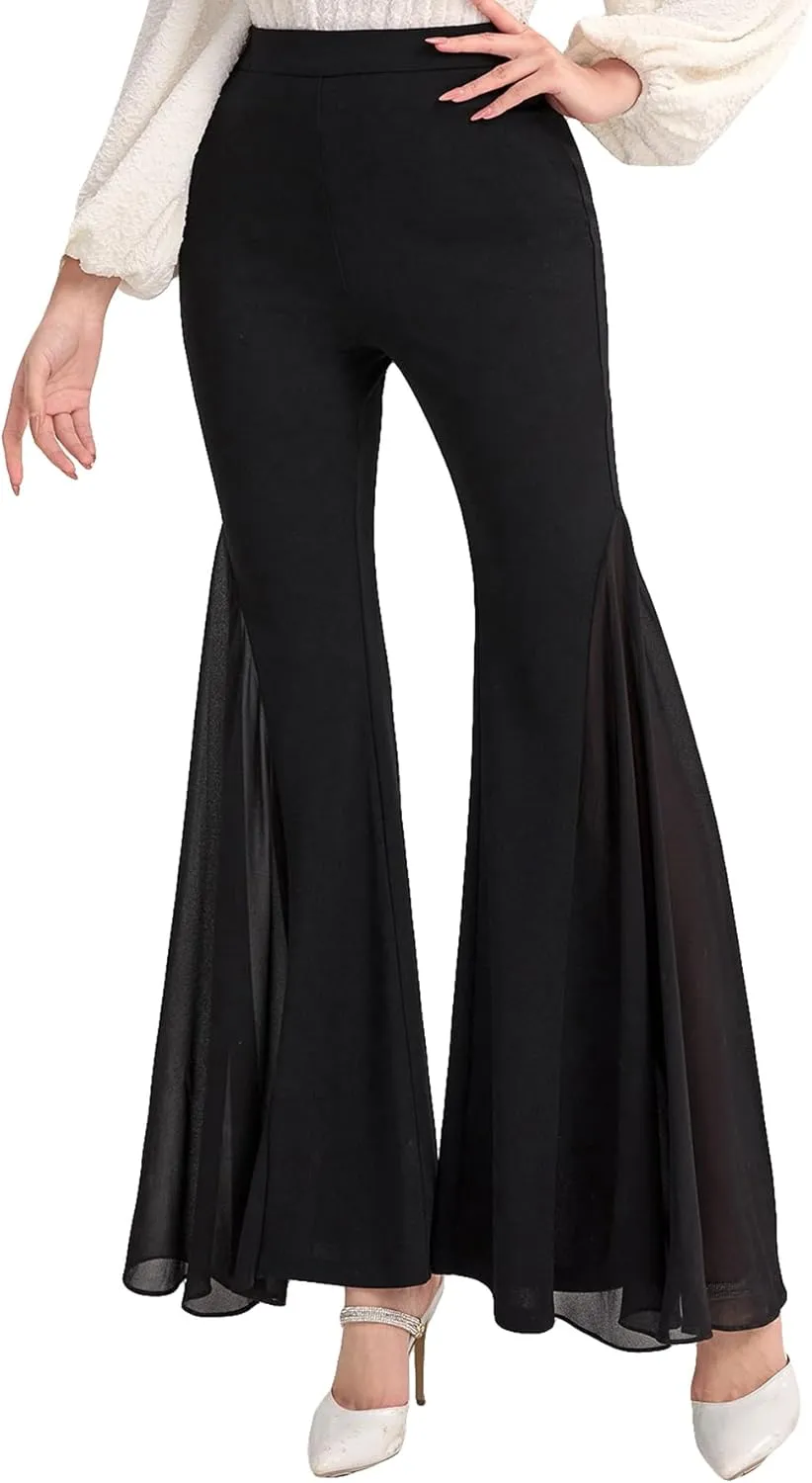 SweatyRocks Women's Casual Flare Leg High Elastic Waist Trousers Wide Leg Mesh Hem Stretchy Long Pants