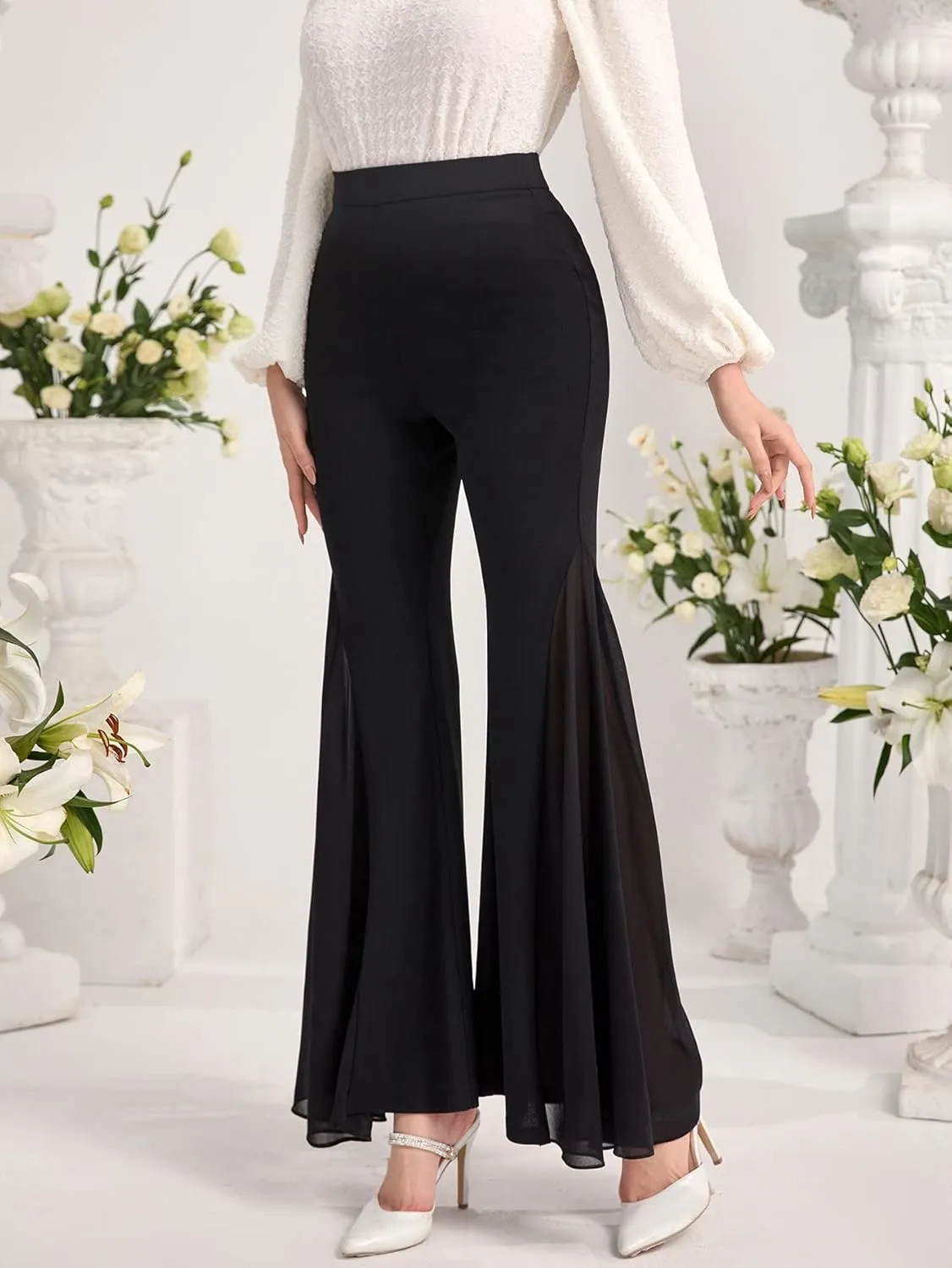 SweatyRocks Women's Casual Flare Leg High Elastic Waist Trousers Wide Leg Mesh Hem Stretchy Long Pants