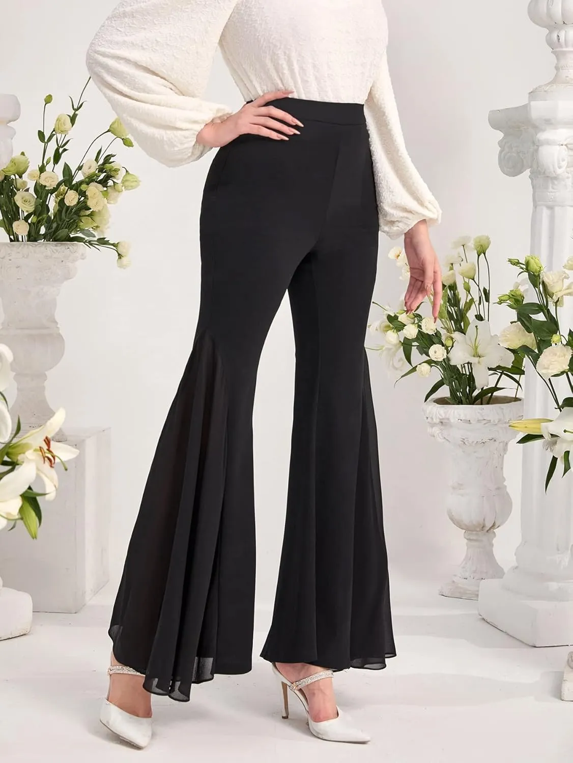 SweatyRocks Women's Casual Flare Leg High Elastic Waist Trousers Wide Leg Mesh Hem Stretchy Long Pants