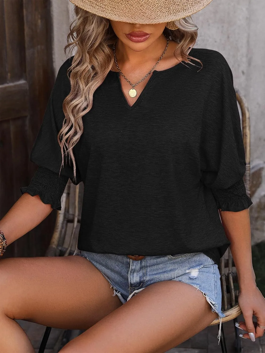 TAKEYAL Women's 2025 Fashion 3/4 Sleeve V Neck T-Shirts Cute Spring Summer Business Dressy Blouses Solid Basic Tee Tops