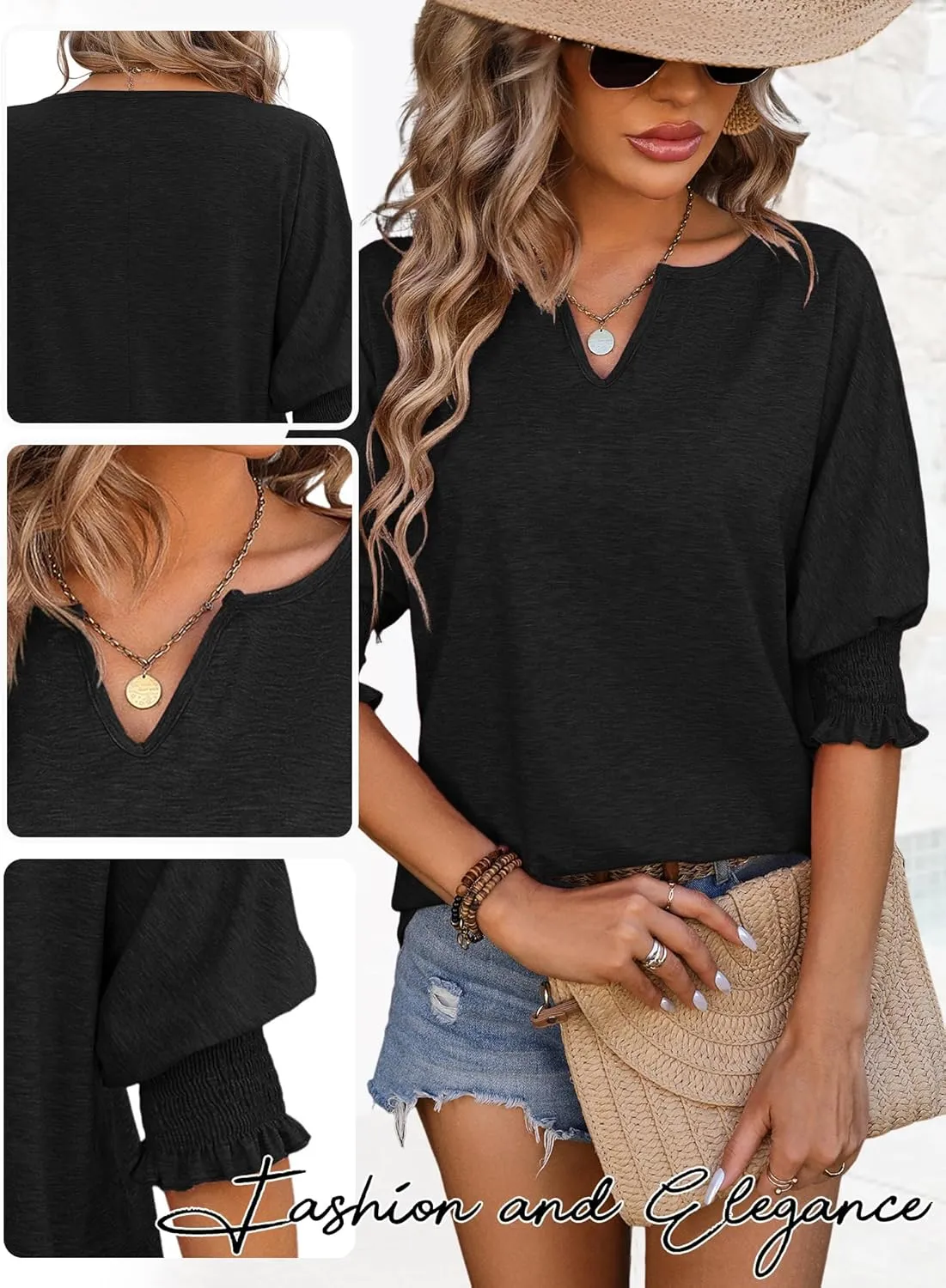 TAKEYAL Women's 2025 Fashion 3/4 Sleeve V Neck T-Shirts Cute Spring Summer Business Dressy Blouses Solid Basic Tee Tops