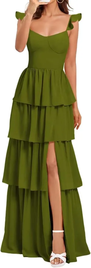 Tiered Chiffon Long Bridesmaid Dress for Wedding Ruffle Spaghetti Strap Formal Evening Dresses 2025