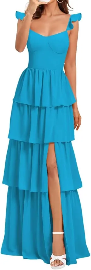 Tiered Chiffon Long Bridesmaid Dress for Wedding Ruffle Spaghetti Strap Formal Evening Dresses 2025