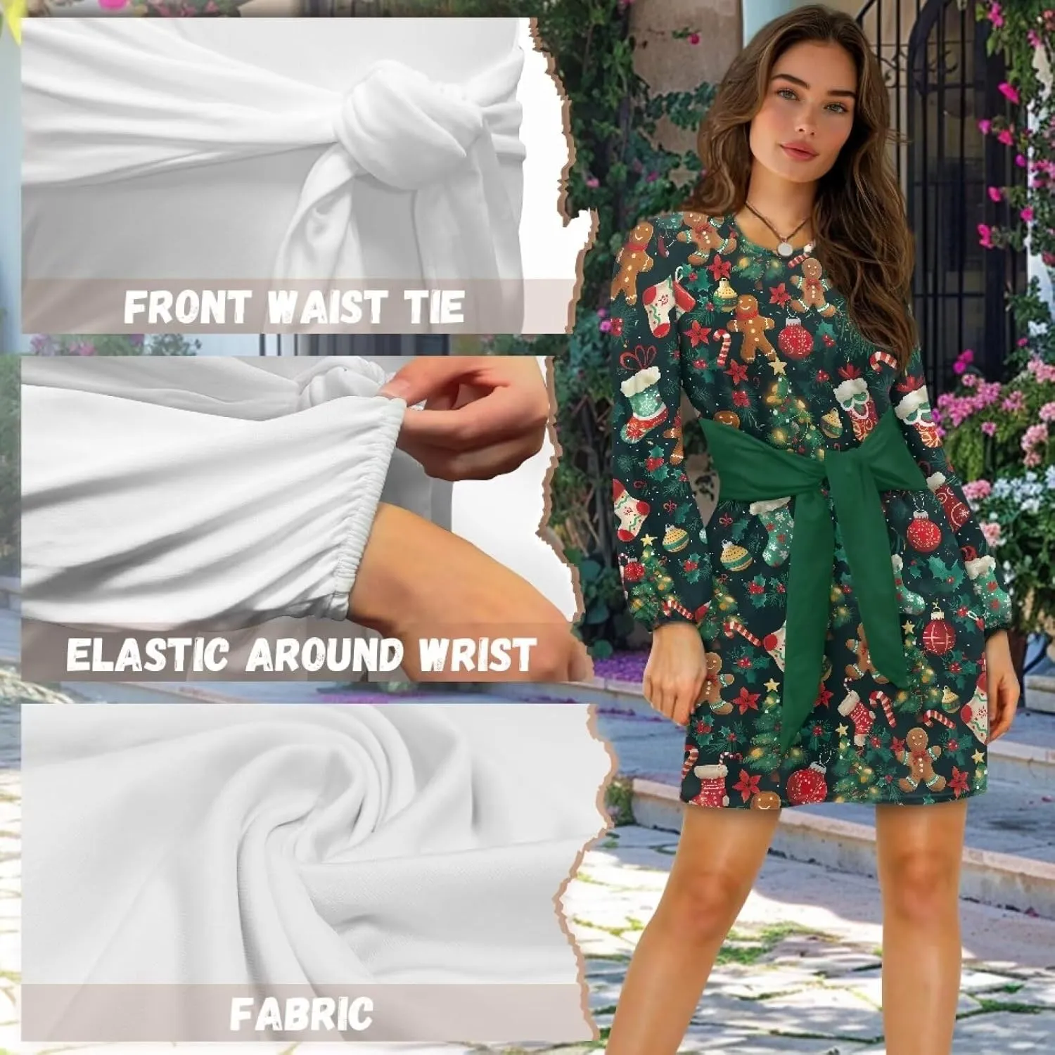 TODIYADDU Womens Dresses Trendy Cocktail Dresses for Wedding Guest Casual Fall Dresses Ladies Long Sleeve Tie Waist Dress