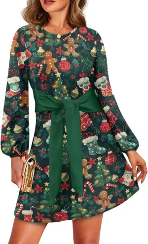 TODIYADDU Womens Dresses Trendy Cocktail Dresses for Wedding Guest Casual Fall Dresses Ladies Long Sleeve Tie Waist Dress