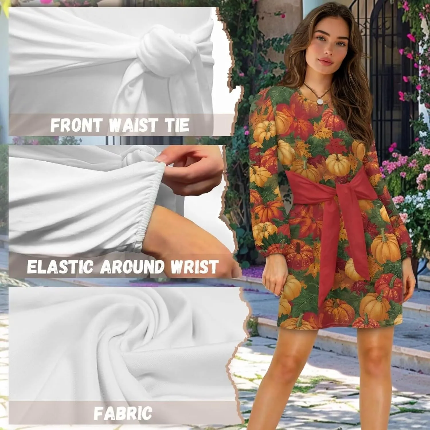 TODIYADDU Womens Dresses Trendy Cocktail Dresses for Wedding Guest Casual Fall Dresses Ladies Long Sleeve Tie Waist Dress