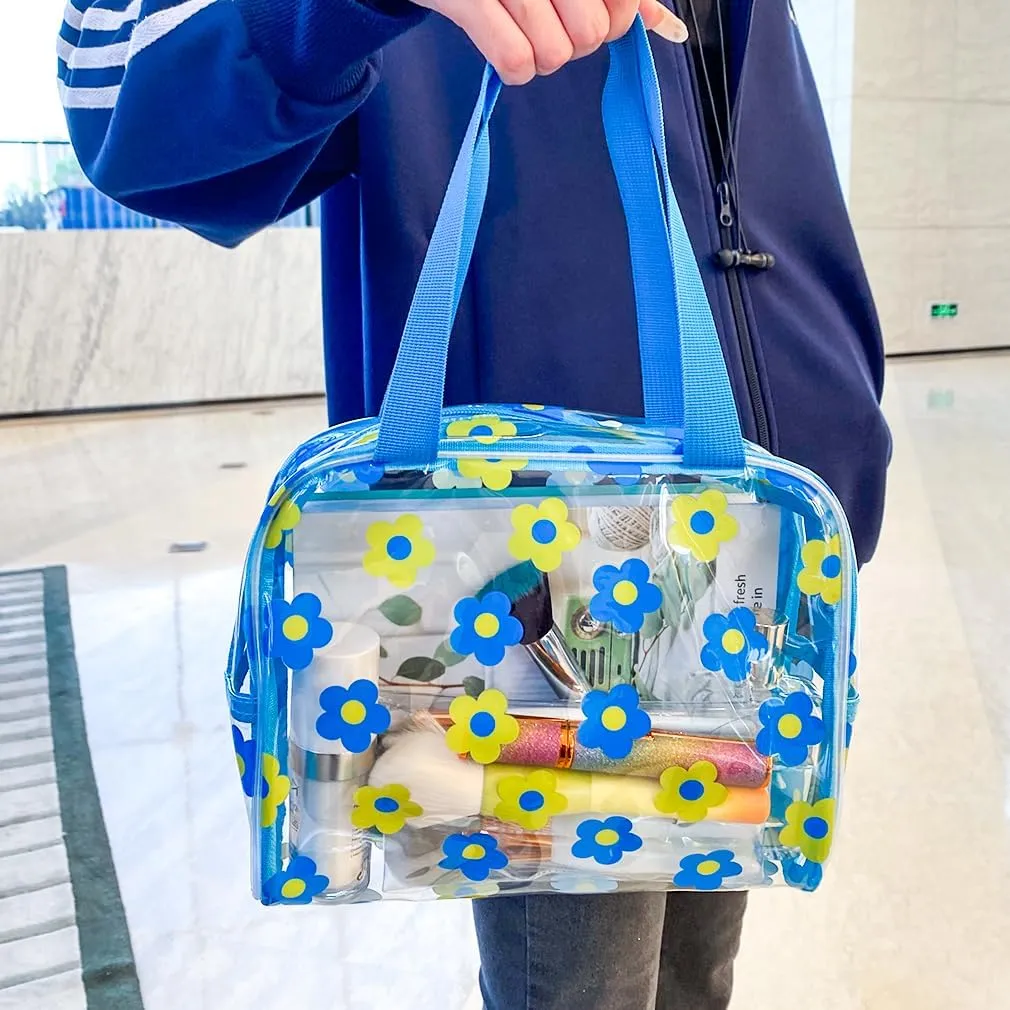TotePrint Clear Floral Hand Bag and Travel Cosmetics Pouch with Handle,Durable Waterproof PVC Versatile Smooth Zipper Design (Cyan Yellow)