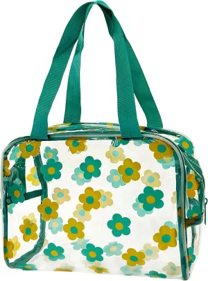 TotePrint Clear Floral Hand Bag and Travel Cosmetics Pouch with Handle,Durable Waterproof PVC Versatile Smooth Zipper Design (Cyan Yellow)