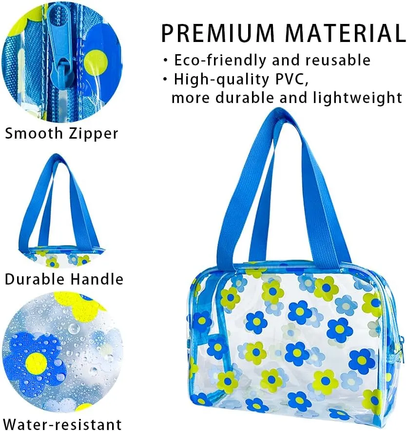 TotePrint Clear Floral Hand Bag and Travel Cosmetics Pouch with Handle,Durable Waterproof PVC Versatile Smooth Zipper Design (Cyan Yellow)