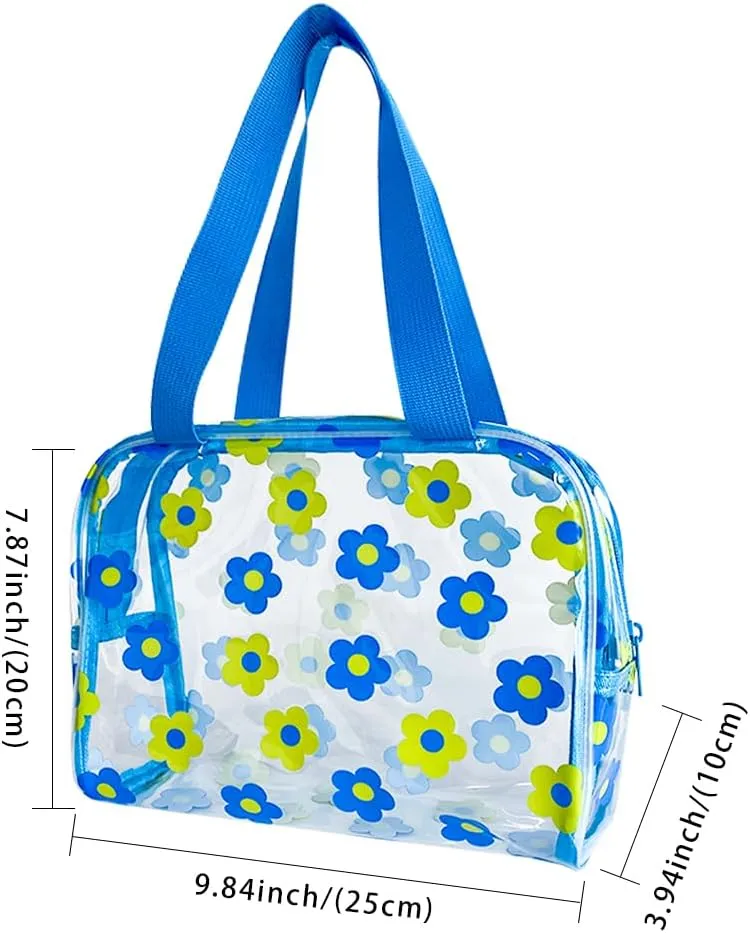 TotePrint Clear Floral Hand Bag and Travel Cosmetics Pouch with Handle,Durable Waterproof PVC Versatile Smooth Zipper Design (Cyan Yellow)