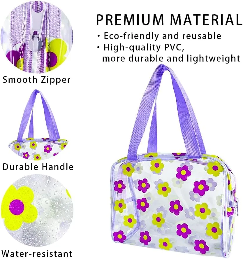 TotePrint Clear Floral Hand Bag and Travel Cosmetics Pouch with Handle,Durable Waterproof PVC Versatile Smooth Zipper Design (Purple Yellow)