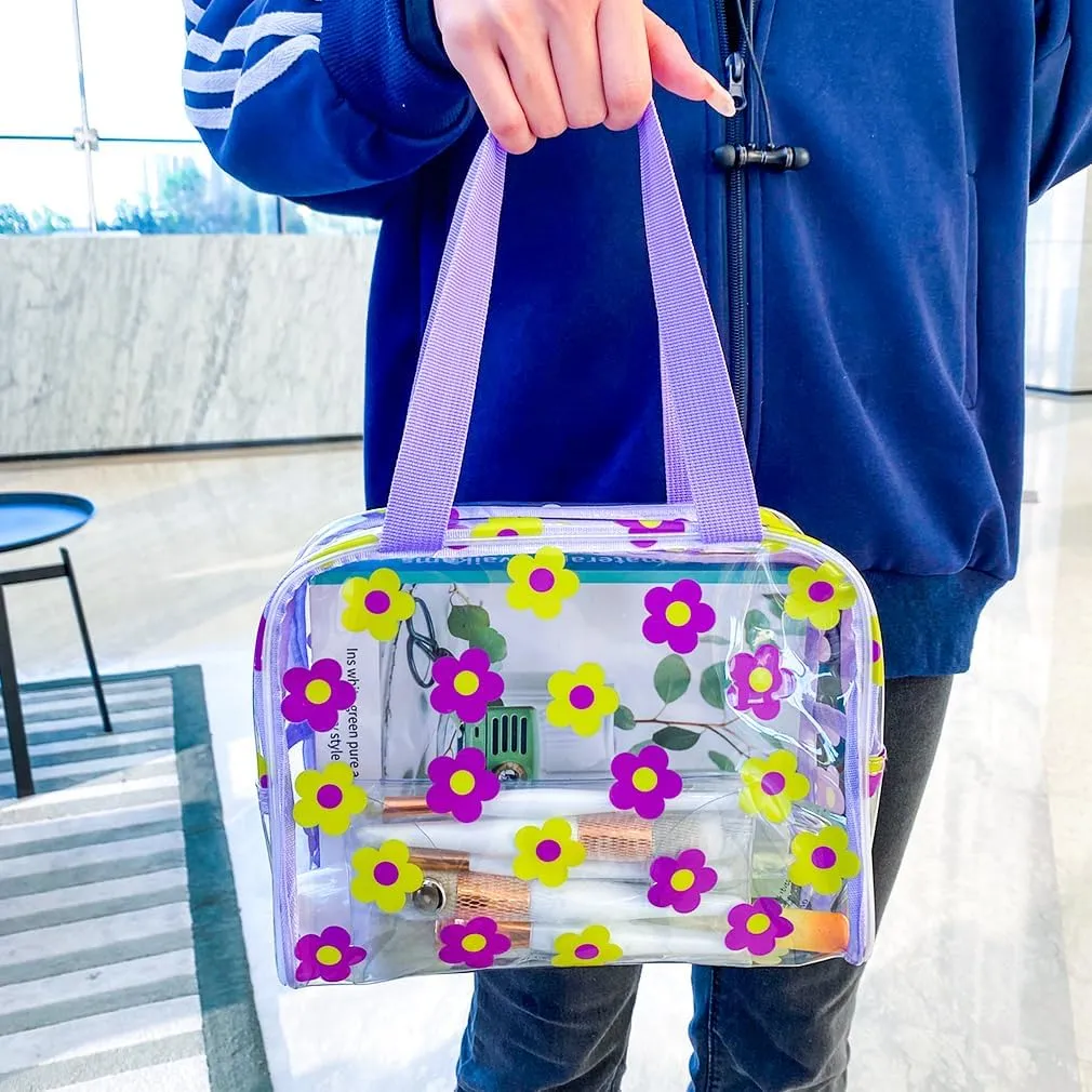 TotePrint Clear Floral Hand Bag and Travel Cosmetics Pouch with Handle,Durable Waterproof PVC Versatile Smooth Zipper Design (Purple Yellow)