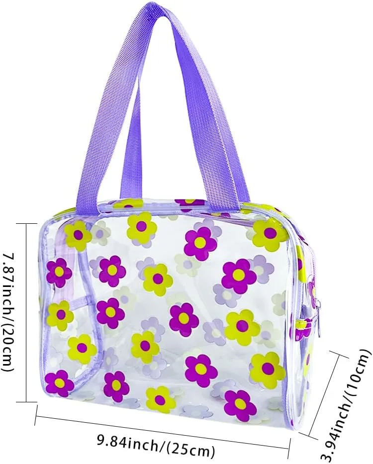 TotePrint Clear Floral Hand Bag and Travel Cosmetics Pouch with Handle,Durable Waterproof PVC Versatile Smooth Zipper Design (Purple Yellow)