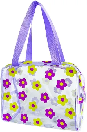 TotePrint Clear Floral Hand Bag and Travel Cosmetics Pouch with Handle,Durable Waterproof PVC Versatile Smooth Zipper Design (Purple Yellow)