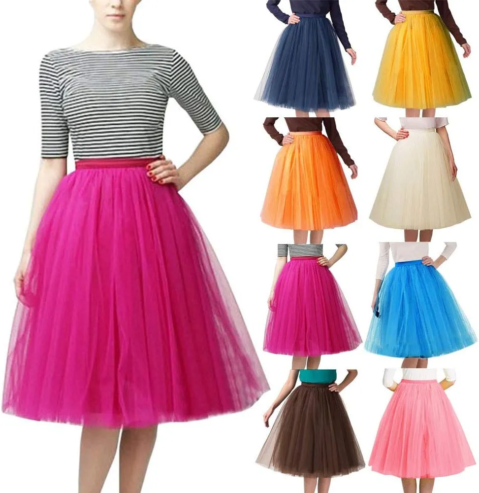 Tulle Skirts for Women Pleated Layered Tutu Skirt Flowy Skirts Bridesmaid Wedding Midi Skirt Festival (Orange, One Size)
