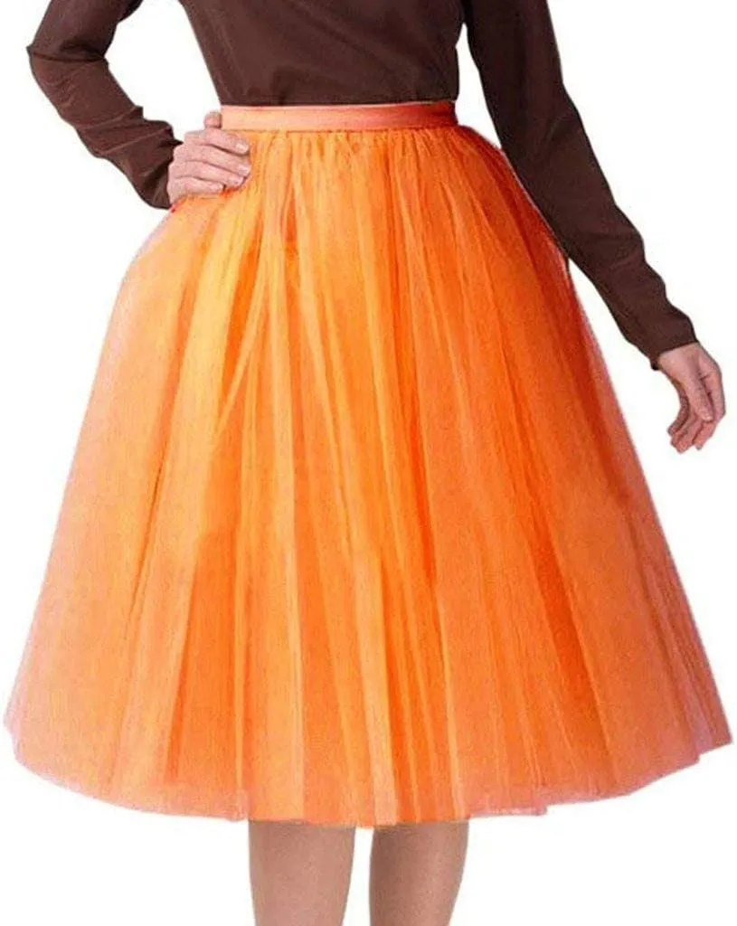 Tulle Skirts for Women Pleated Layered Tutu Skirt Flowy Skirts Bridesmaid Wedding Midi Skirt Festival (Orange, One Size)