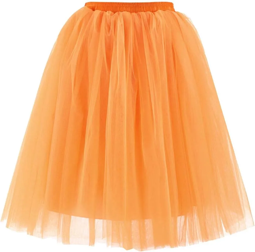 Tulle Skirts for Women Pleated Layered Tutu Skirt Flowy Skirts Bridesmaid Wedding Midi Skirt Festival (Orange, One Size)