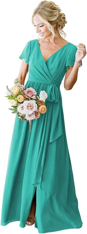 Turquoise Short Sleeve Bridesmaid Dresses Plus Size for Women with Pockets Long Chiffon Formal Dresses Evening Gown 22W
