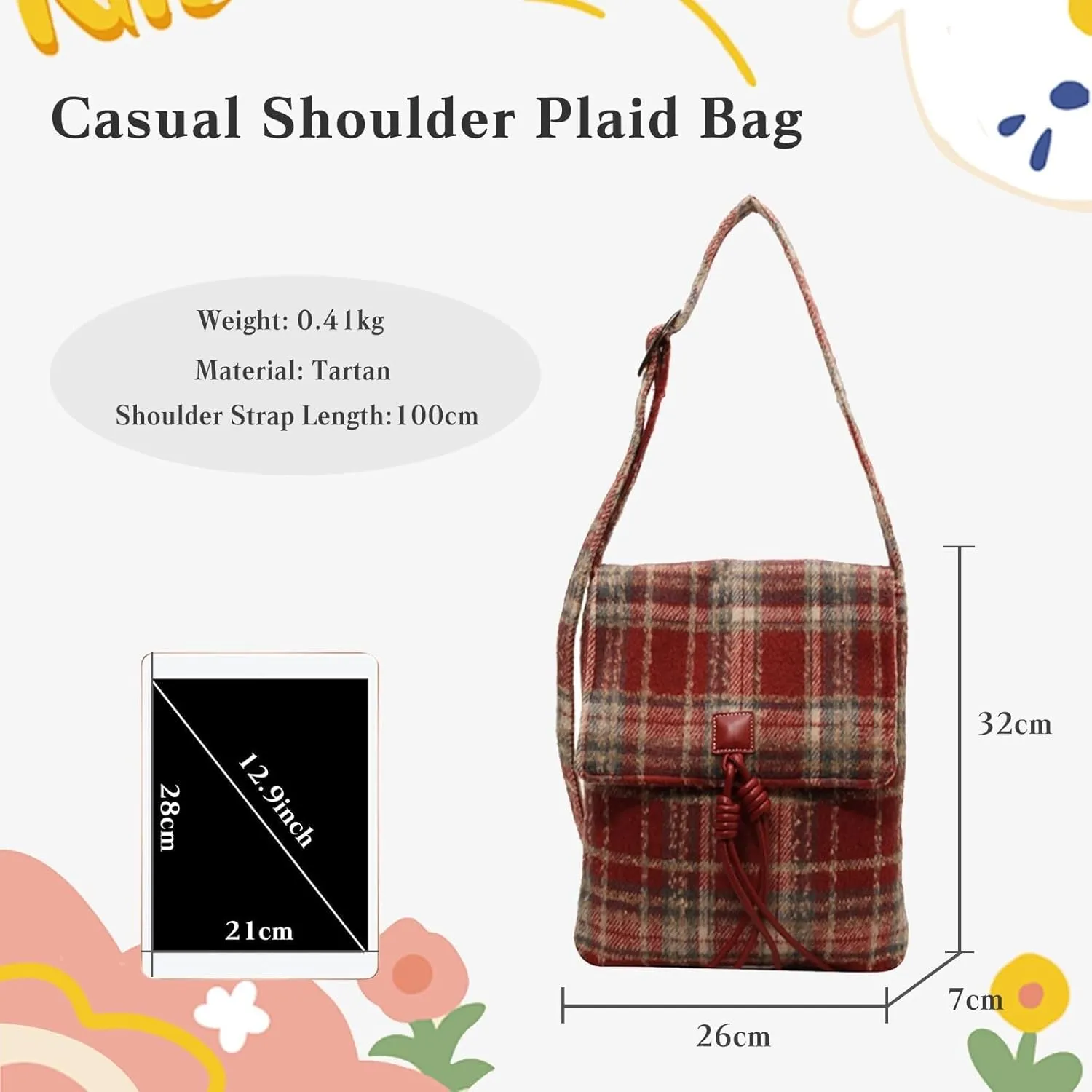 Tweed Handbag Shoulder for Women Vintage Crossbody Top Handle Medium Capacity Messenger Tartan