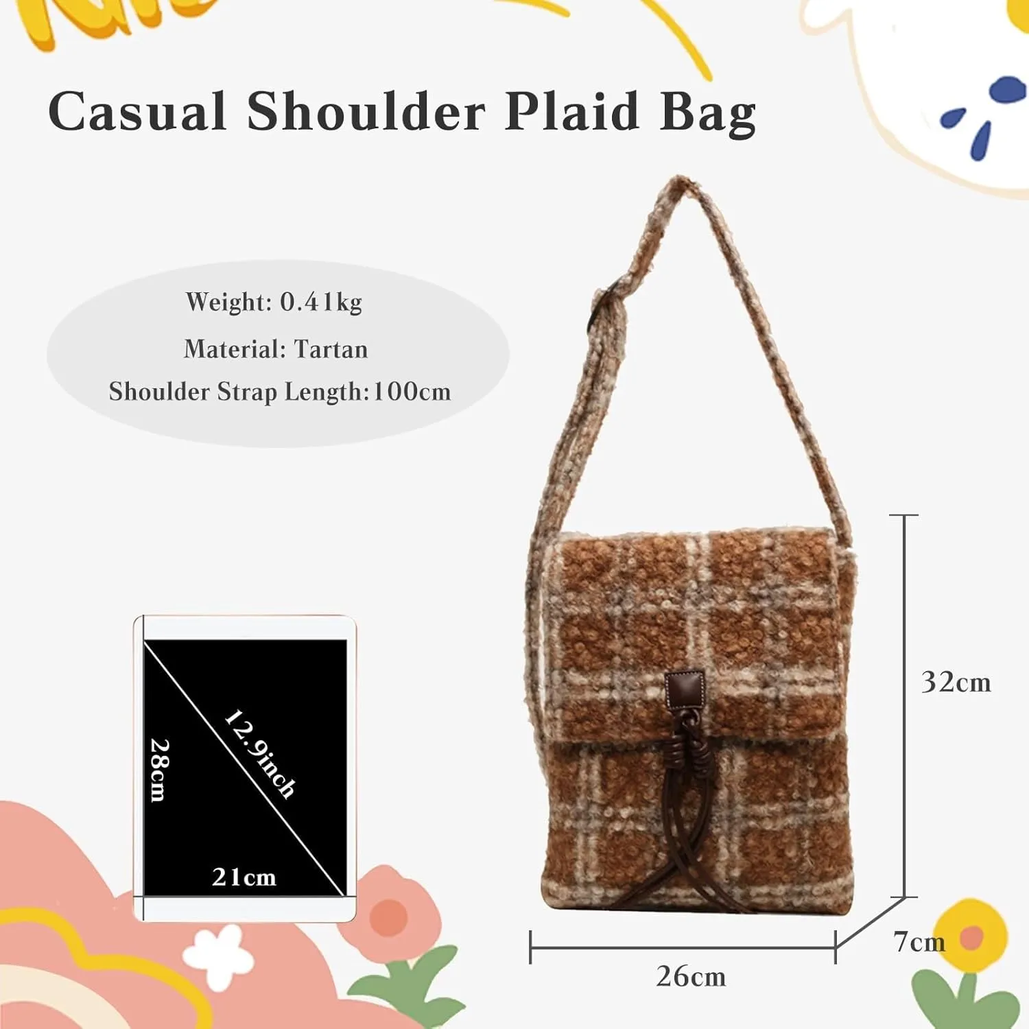 Tweed Handbag Shoulder for Women Vintage Crossbody Top Handle Medium Capacity Messenger Tartan