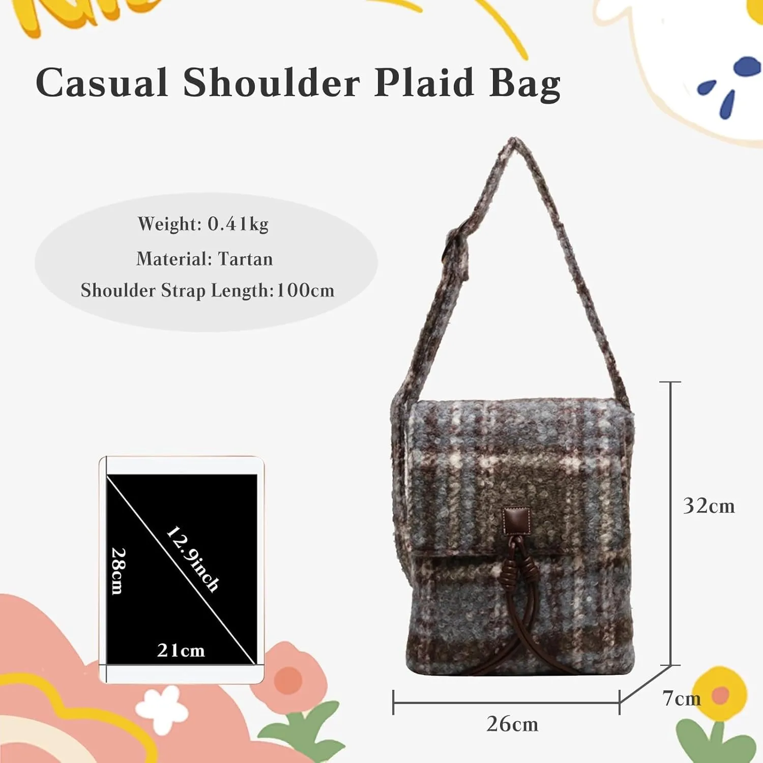 Tweed Handbag Shoulder for Women Vintage Crossbody Top Handle Medium Capacity Messenger Tartan