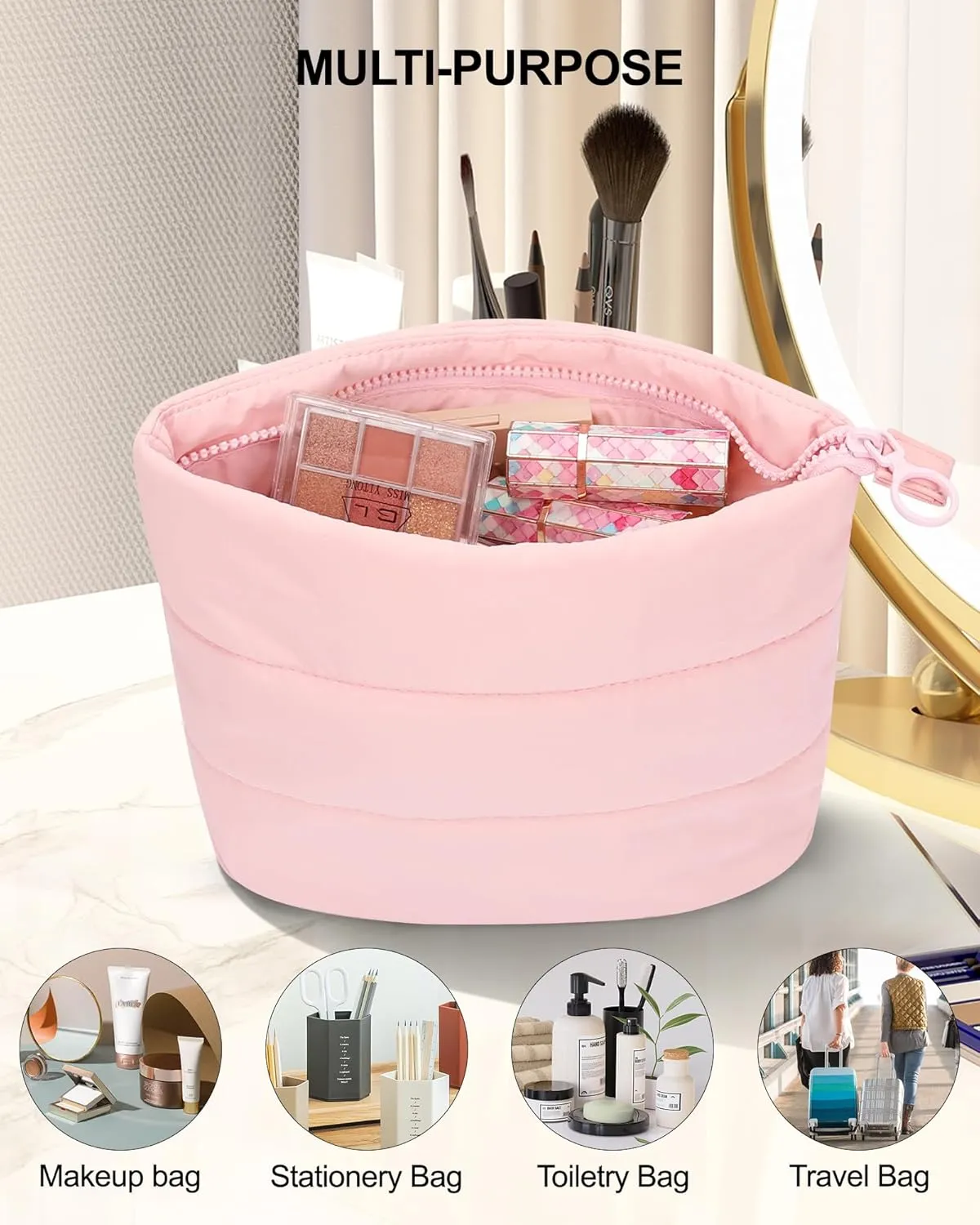 Twofold Travel Makeup Bag, Waterproof Toiletry Cosmetic Bag for Women, Cute Makeup Organizer Versatile Zipper Pouch, Pink