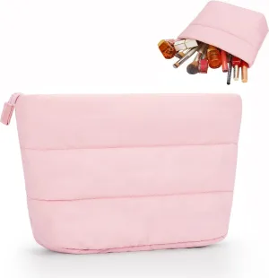 Twofold Travel Makeup Bag, Waterproof Toiletry Cosmetic Bag for Women, Cute Makeup Organizer Versatile Zipper Pouch, Pink