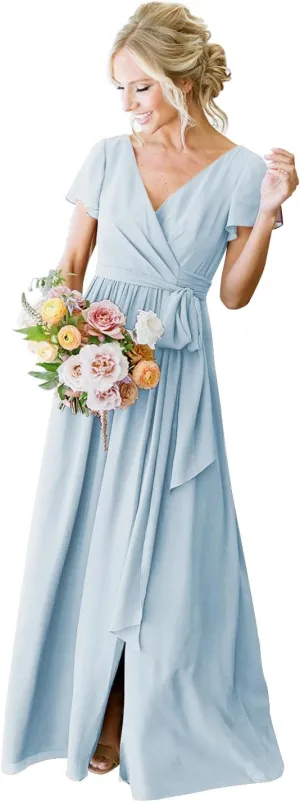 V Neck Short Sleeve Baby Blue Bridesmaid Dress with Slit A Line Long Ruched Chiffon Formal Evening Gowns Size 8